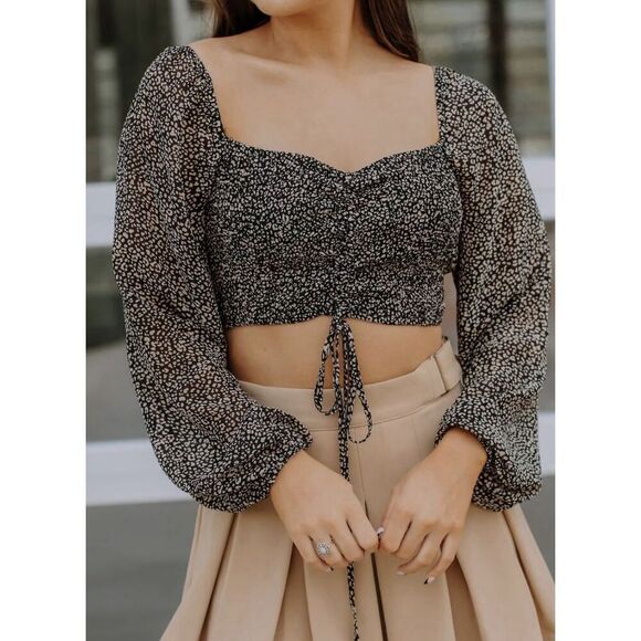 Hyfve Chasing The Dream Top In Black And Tan Women’s Cropped Long Puff Sleeves L - Picture 1 of 9